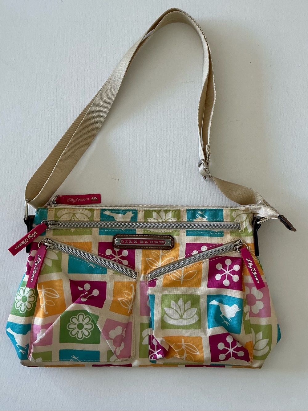 Lily Bloom Floral Bird Print Crossbody Shoulder Bag Multi Pocket Purse